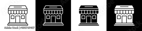 Store icon set in line and glyph style on black and white background