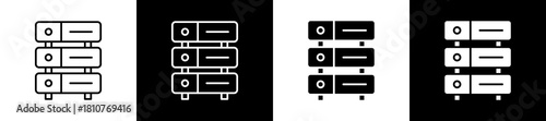 Server icon set in line and glyph style on black and white background