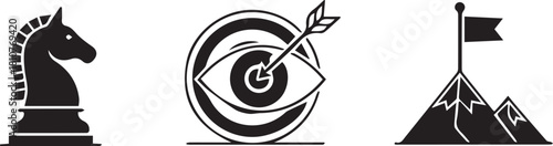 Clean Black Vector Icons: Chess Knight, Target, Mountains Flag