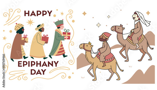 Happy Epiphany Day: A heartwarming depiction of the Three Wise Men on their journey, offering gifts of wisdom, in celebration of the Epiphany.