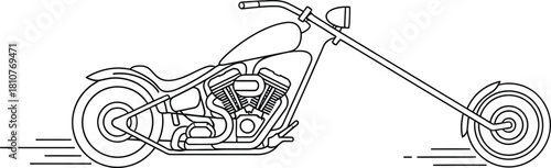 A black and white line drawing of a chopper motorcycle isolated on white background, showcasing its elongated front forks and classic design