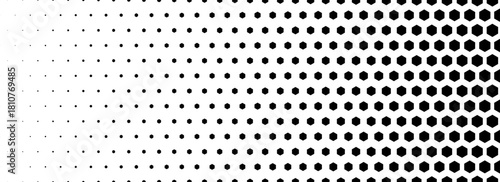 Fading hexagon gradient texture. Vanishing honeycomb pattern background. Geo hexagonal halftone tech overlay backdrop. Black grunge halfton wallpaper. Vector retro technology dot texure wallpaper