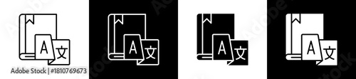 Dictionary icon set in line and glyph style on black and white background
