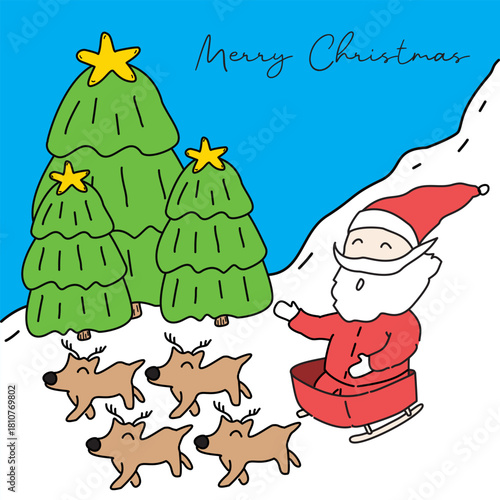 Vector illustration of Santa Claus on a sledge with reindeer on a snowy hill, green christmas trees with yellow stars and a blue sky.