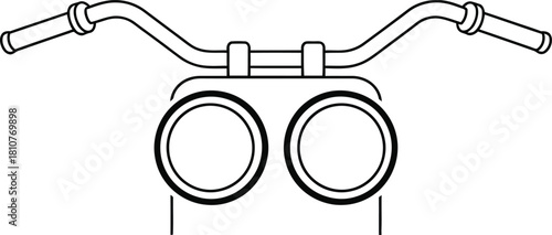 A black and white line drawing of motorcycle handlebars and headlights isolated on white background, showcasing the front view of a bike