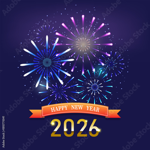 Happy new year background with colorful firework on dark blue background