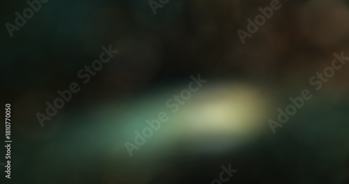 Abstract blurred background with soft green, dark brown, and glowing yellow light leaks, creating a serene and ethereal bokeh effect with ample space for copy