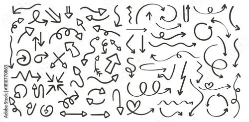 Arrow vector line set. Charcoal hand drawn pencil arrows. Doodle curved chalk darts. brush sketch arrow line curve up, down shape chalk texture element set. Abstract grunge scribble chalk crayon styl