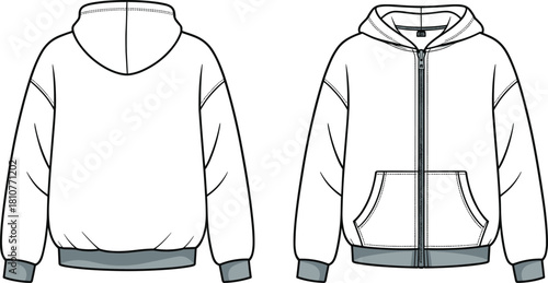 Front and back hoodie technical fashion sketch, zip up hooded sweatshirt design with pockets and ribbed hem, cad drawing flat vector illustration