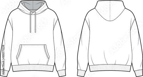 Front and back hoodie fashion technical flat sketch, casual pullover sweatshirt vector template with drawstring hood and kangaroo pocket, cad drawing flat vector illustration