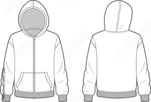 Front and back hoodie technical fashion sketch, zip up hooded sweatshirt flat design with rib cuff and hem, cad drawing flat vector illustration