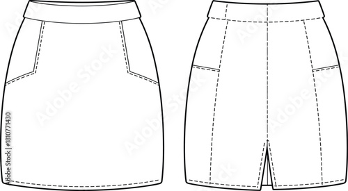 Front and back pencil skirt CAD flat with waistband, pocket panel lines and back vent, clean technical sewing pattern outline for apparel design
