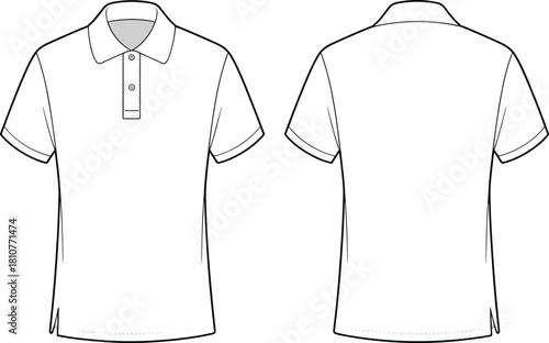 Front and back polo shirt flat sketch, short sleeve clothing technical drawing, casual wear apparel design template, fashion garment outline, cad drawing flat vector illustration