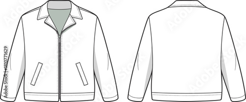 Front and back view of classic collar jacket, fashion flat sketch, casual outerwear design, apparel template, cad drawing flat vector illustration