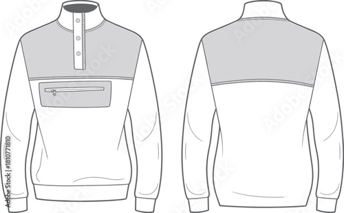 Half placket pullover sweatshirt front and back flat sketch with zipper chest pocket and contrast yoke panel, technical fashion template, cad drawing flat vector illustration