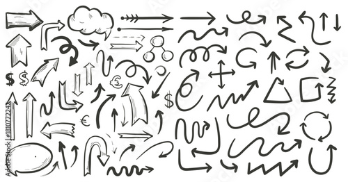 Arrow vector line set. Charcoal hand drawn pencil arrows. Doodle curved chalk darts. brush sketch arrow line curve up, down shape chalk texture element set. Abstract grunge scribble chalk crayon styl