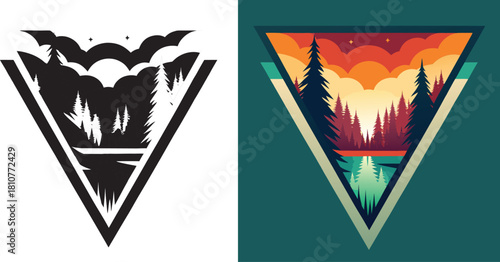 Vibrant geometric landscape captures a serene forest reflection under a dramatic sunset sky, perfect for adventure branding.