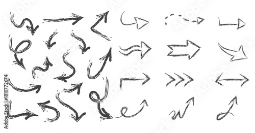 Arrow vector line set. Charcoal hand drawn pencil arrows. Doodle curved chalk darts. brush sketch arrow line curve up, down shape chalk texture element set. Abstract grunge scribble chalk crayon styl