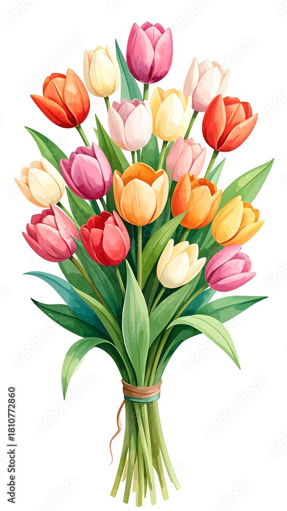 Obraz premium Colorful bunch of vibrant tulips with green leaves tied with twine, isolated on white