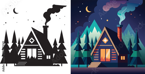 Cozy mountain cabin glows warmly at night under a starry sky with smoke curling from chimney, evoking peaceful winter retreat vibes