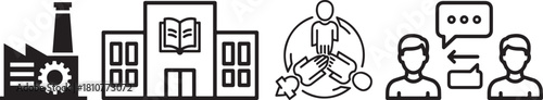 Black and White Minimalist Icon Set for Industry Education Collaboration Communication