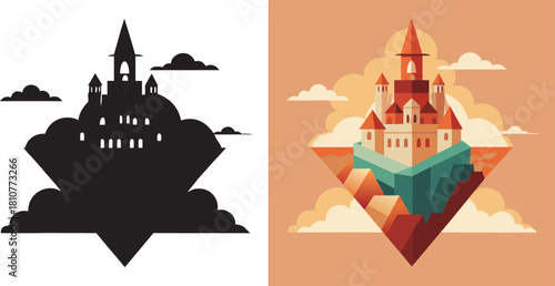 Enchanting isometric castle perched on floating islands amidst whimsical clouds, perfect for fantasy and gaming themes