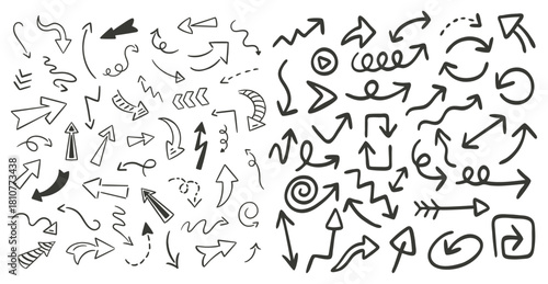 Arrow vector line set. Charcoal hand drawn pencil arrows. Doodle curved chalk darts. brush sketch arrow line curve up, down shape chalk texture element set. Abstract grunge scribble chalk crayon styl