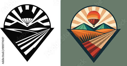 Vibrant hot air balloon soars above stylized mountain landscape and fertile fields, capturing adventurous spirit and natural beauty.