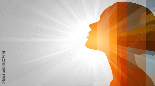 Abstract profile silhouette of a human head surrounded by radiant beams of light in warm orange tones, representing inspiration, creativity, and enlightenment.