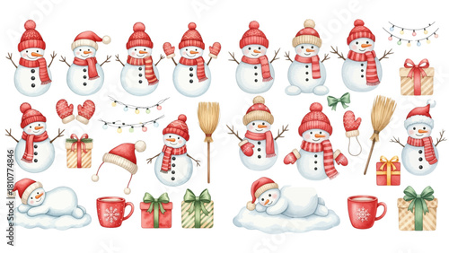 A festive collection of cute watercolor snowmen wearing red hats and scarves, with Christmas gifts and decorations.