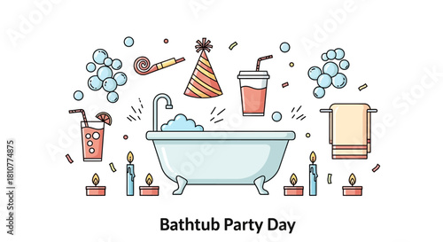 Festive illustration for Bathtub Party Day featuring a clawfoot tub surrounded by party hats, drinks, and confetti.