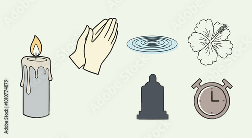 A collection of six symbolic icons representing remembrance, spirituality, and the passage of time.