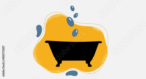 A black bathtub silhouette set against a vibrant yellow and blue abstract background with bubbles.