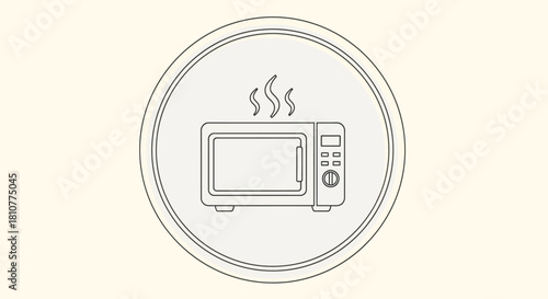 Minimalist line art icon of a steaming countertop microwave oven inside a circular frame.