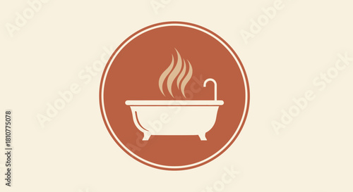 A minimalist graphic icon of a hot steamy clawfoot bathtub inside a terracotta circle.