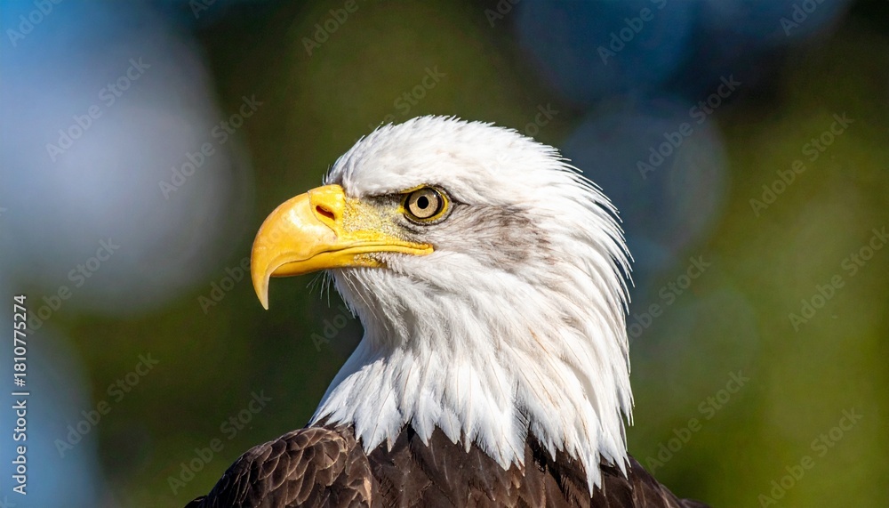 Fototapeta premium Close-up portrait of a majestic bald eagle, showcasing its sharp beak and keen eye.
