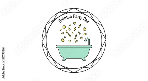 A whimsical illustration for Bathtub Party Day featuring a light blue bathtub with yellow confetti falling into it, enclosed in a geometric circular frame.