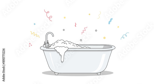 A white bathtub overflowing with bubbly foam and colorful confetti, creating a joyful and celebratory scene with a running faucet.