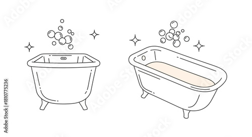 Simple line art illustration of two bathtubs, one empty and one filled with water, with bubbles and sparkles, symbolizing cleanliness and bathing.