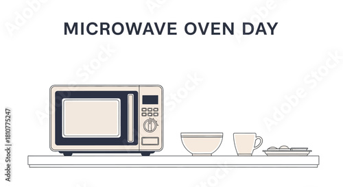 Microwave Oven Day illustration with microwave, bowl, cup, and plate on a shelf.