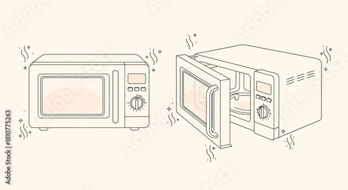 Microwave oven illustration, closed and open, with steam.
