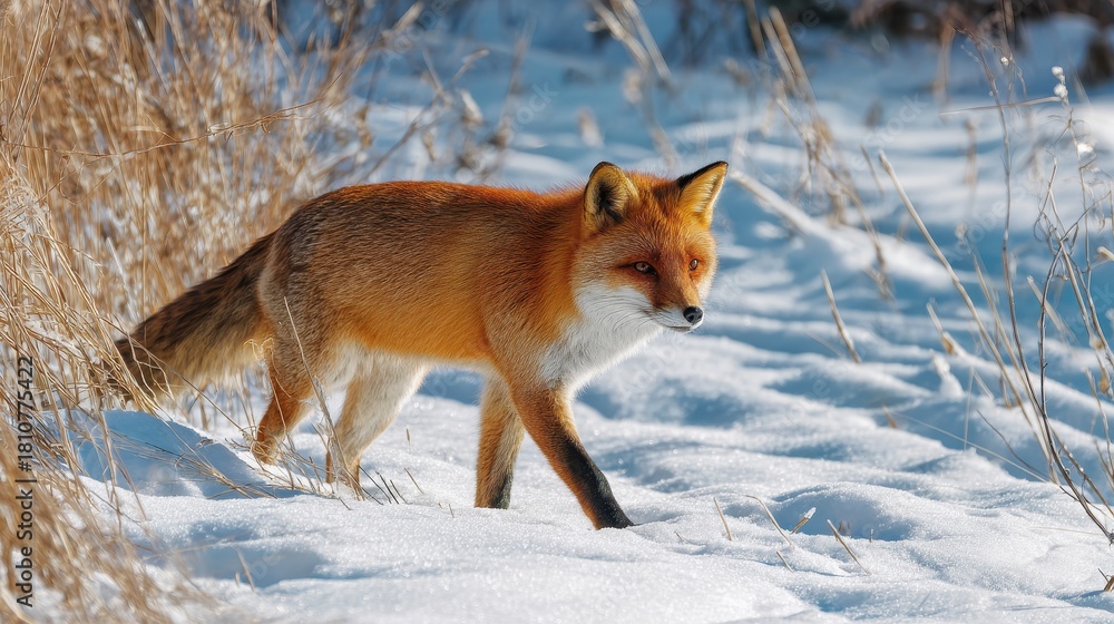 Obraz premium Fox wanders through snowy landscape on a bright winter day in a tranquil wilderness setting