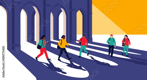 Diverse students confidently stride through a sun-drenched university corridor, where architectural arches cast long, dramatic shadows, symbolizing their academic journey.