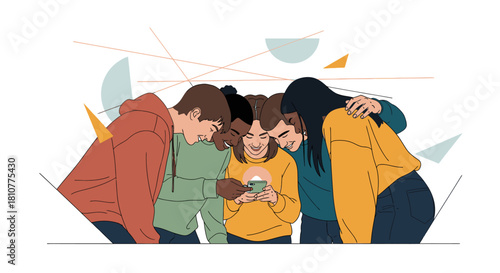 A diverse group of young friends huddle closely, sharing a moment of digital connection while intently viewing content on a smartphone screen together.