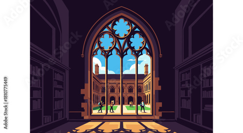 A captivating pixel illustration reveals a sunlit historic university courtyard through an ornate gothic window from a grand, shadowy hall, evoking academic peace.