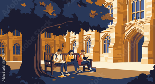 Students relax and study on a bench under a large tree in front of a historic university building, illustrating academic life.