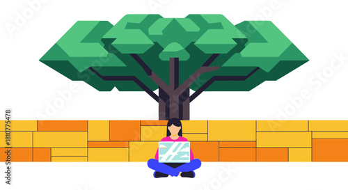A flat design illustration portrays a young woman focused on her laptop, sitting peacefully under a large, vibrant green tree, merging technology with nature's calm.