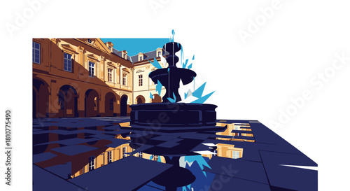 A striking illustration showcases a classical fountain with dynamic, angular water effects, set within a reflective European courtyard featuring historic architecture.