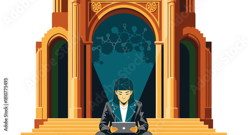 A person immersed in digital learning and connectivity, illuminated by a glowing network of information emerging from a majestic, ornate architectural portal.