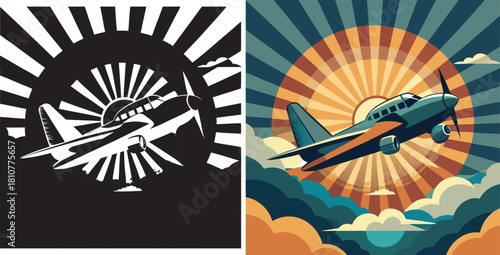 Vintage airplane soaring through dramatic sunburst sky over stylized clouds, evoking adventure and retro travel.